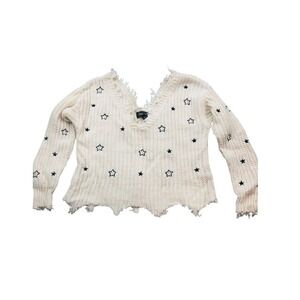 4SI3NNA‎ Cream V-Neck Sweater with Black Star Accents